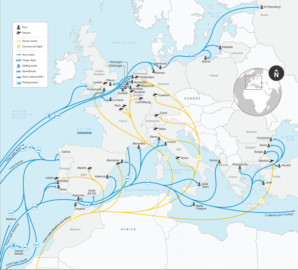 Cocaine trafficking routes and methods in Europe. Source: The cocaine pipeline to Europe, GI-TOC and InSight Crime, February 2021