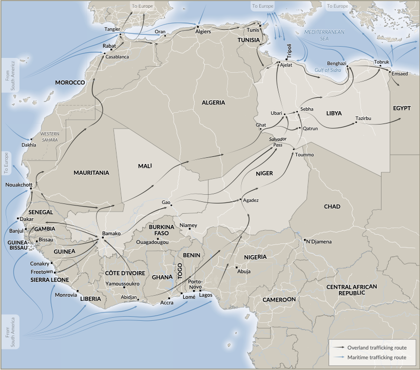 Cocaine trafficking routes, North and West Africa.